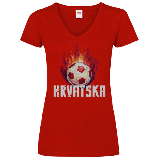 Dynamisches "HRVATSKA" V-Neck T-Shirt für Damen mit brennendem Schachbrett-Fußball