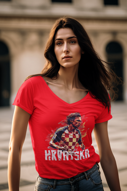 Dynamisches "HRVATSKA" V-Neck T-Shirt für Damen mit Luka Modric Motiv