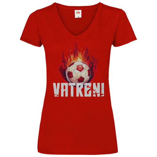 Dynamisches "VATRENI" V-Neck T-Shirt für Damen mit brennendem Schachbrett-Fußball