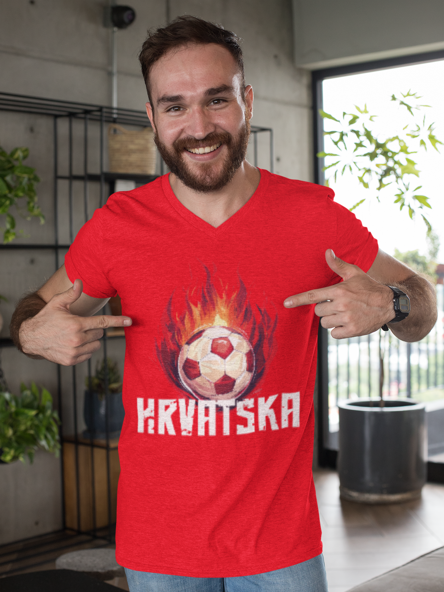Sportliches "HRVATSKA" V-Neck T-Shirt für Herren mit Schachbrett-Fußball-Motiv